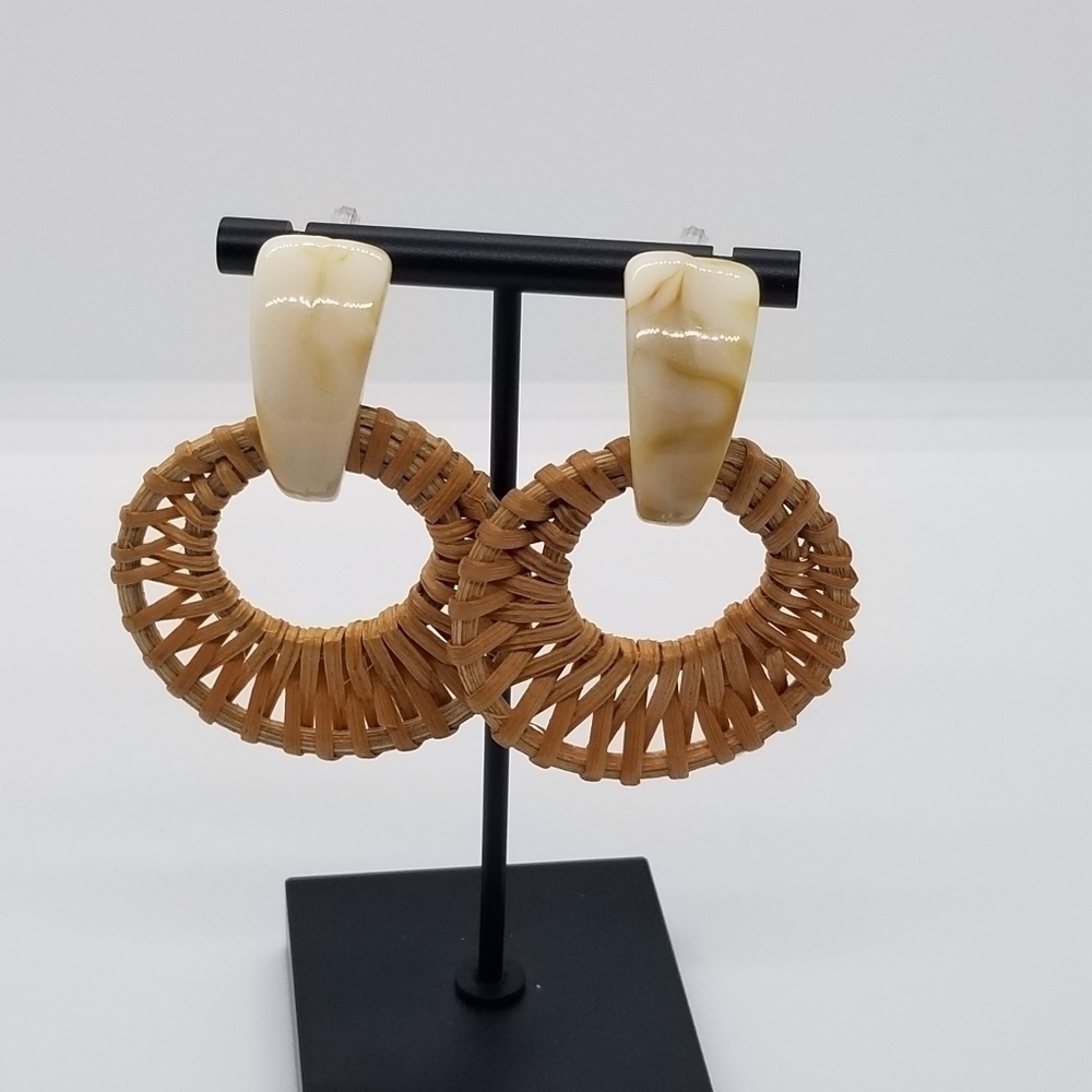 cream and tan acrylic and wicker earrings